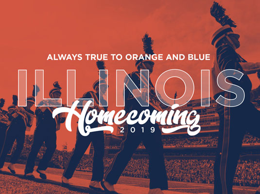 Homecoming graphic of Illinois cheerleaders, title reads Illinois Homecoming 2017, 150 years with Illinois